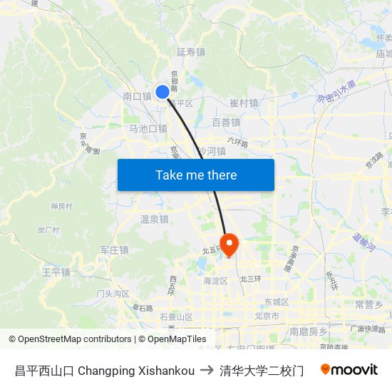 昌平西山口 Changping Xishankou to 清华大学二校门 map