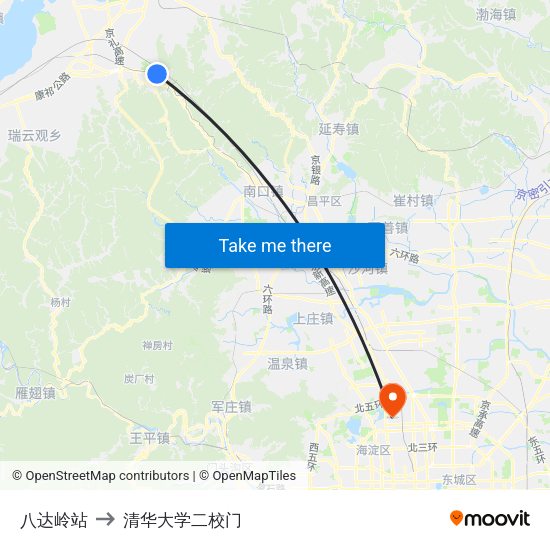 八达岭站 to 清华大学二校门 map
