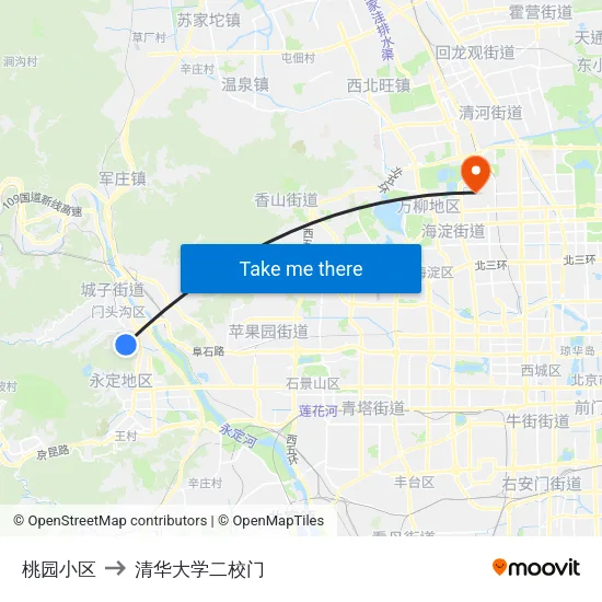 桃园小区 to 清华大学二校门 map
