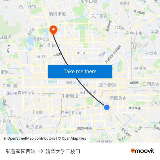 弘善家园西站 to 清华大学二校门 map