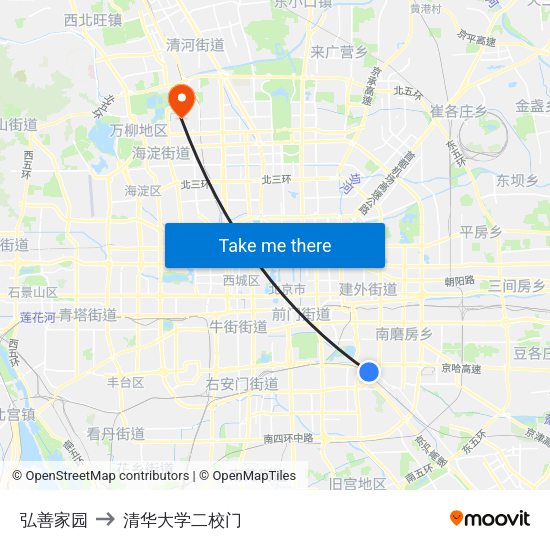 弘善家园 to 清华大学二校门 map