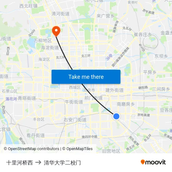 十里河桥西 to 清华大学二校门 map