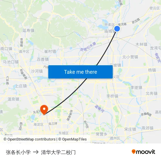 张各长小学 to 清华大学二校门 map