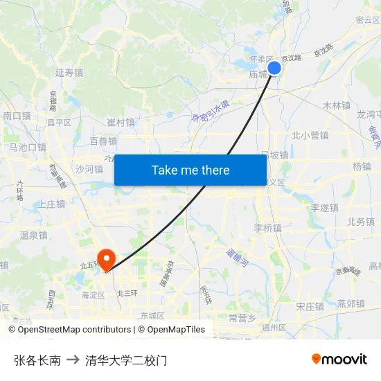 张各长南 to 清华大学二校门 map