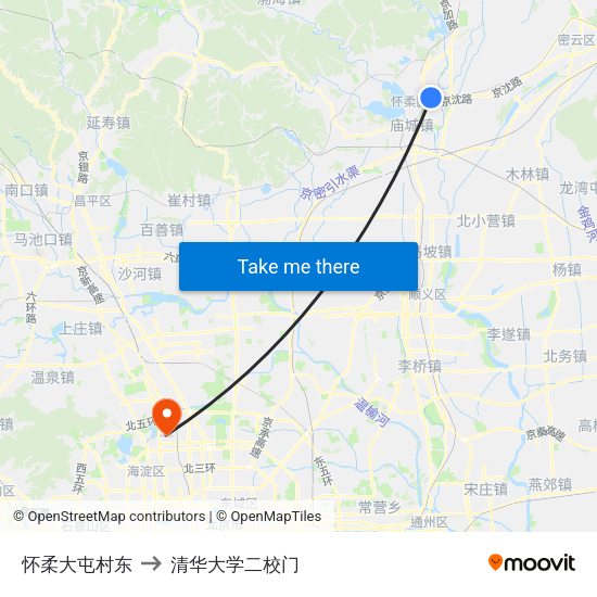怀柔大屯村东 to 清华大学二校门 map