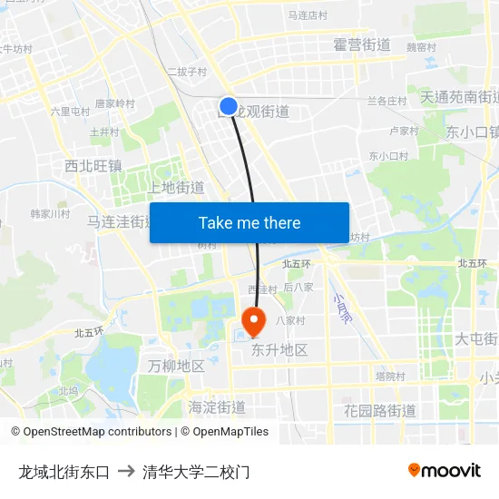 龙域北街东口 to 清华大学二校门 map