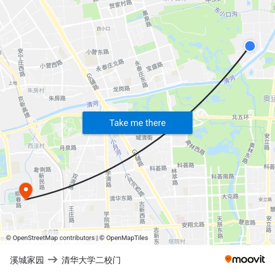 溪城家园 to 清华大学二校门 map