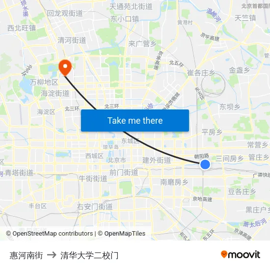 惠河南街 to 清华大学二校门 map