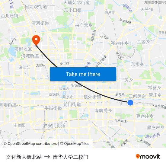 文化新大街北站 to 清华大学二校门 map