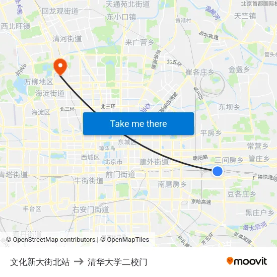 文化新大街北站 to 清华大学二校门 map