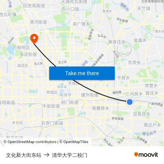 文化新大街东站 to 清华大学二校门 map