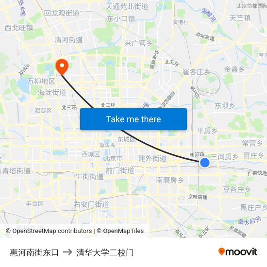 惠河南街东口 to 清华大学二校门 map