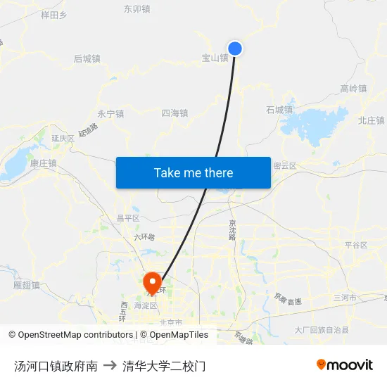 汤河口镇政府南 to 清华大学二校门 map