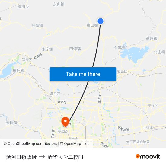 汤河口镇政府 to 清华大学二校门 map
