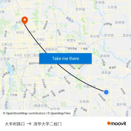 大羊村路口 to 清华大学二校门 map