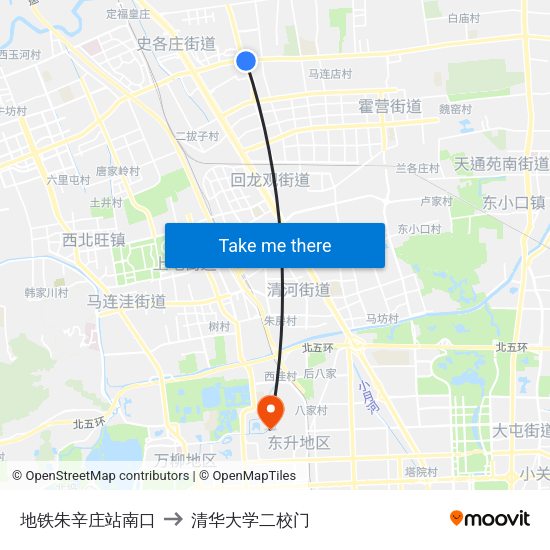 地铁朱辛庄站南口 to 清华大学二校门 map