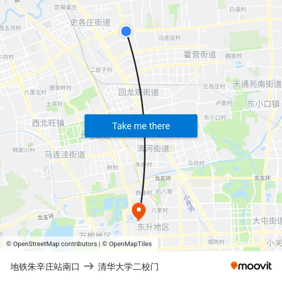 地铁朱辛庄站南口 to 清华大学二校门 map
