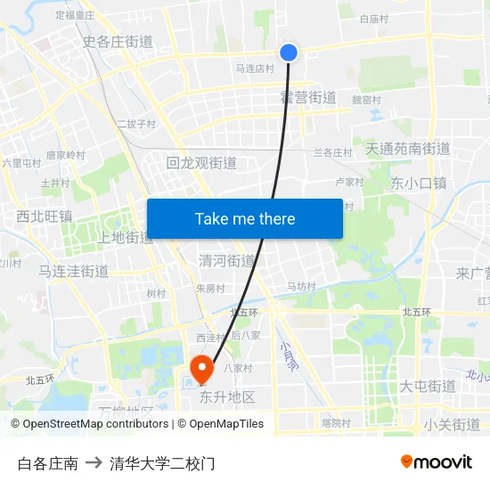白各庄南 to 清华大学二校门 map