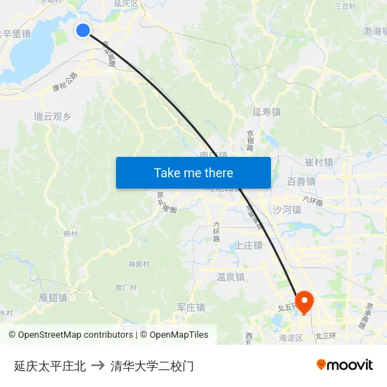 延庆太平庄北 to 清华大学二校门 map