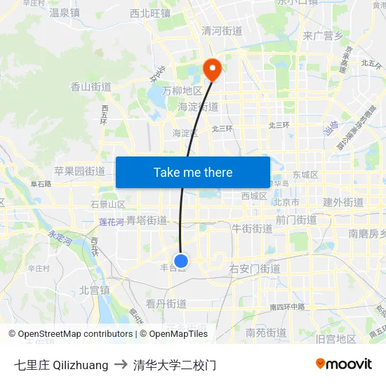 七里庄  Qilizhuang to 清华大学二校门 map