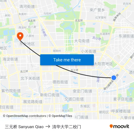 三元桥 Sanyuan Qiao to 清华大学二校门 map
