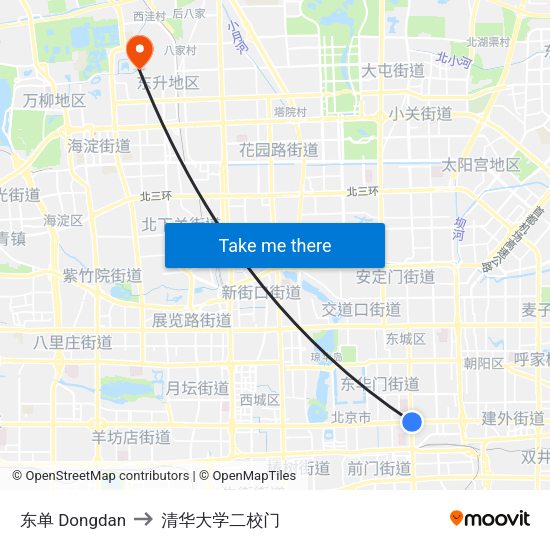东单 Dongdan to 清华大学二校门 map
