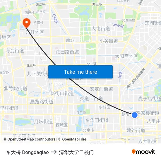 东大桥  Dongdaqiao to 清华大学二校门 map