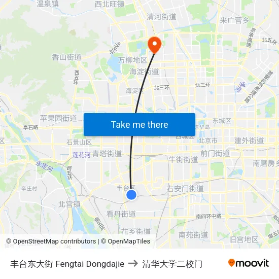丰台东大街 Fengtai Dongdajie to 清华大学二校门 map