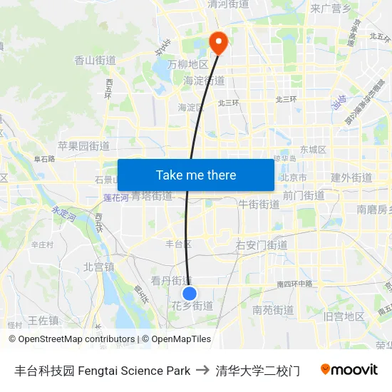 丰台科技园 Fengtai Science Park to 清华大学二校门 map