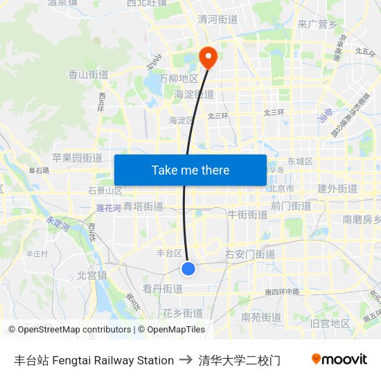 丰台站 Fengtai Railway Station to 清华大学二校门 map