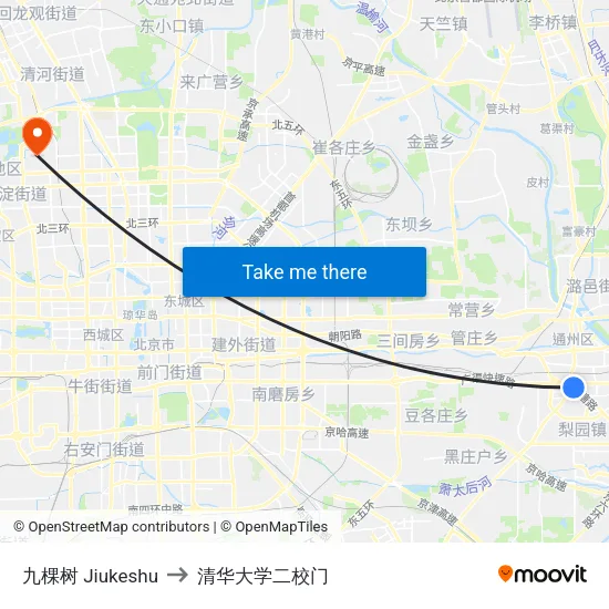九棵树 Jiukeshu to 清华大学二校门 map