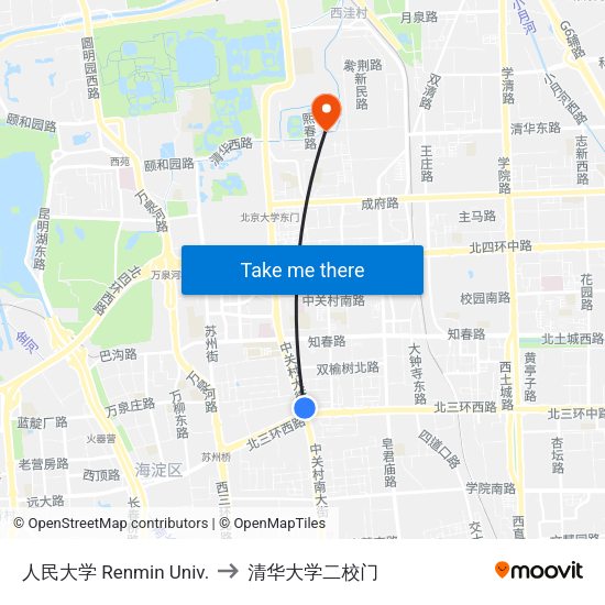 人民大学 Renmin Univ. to 清华大学二校门 map