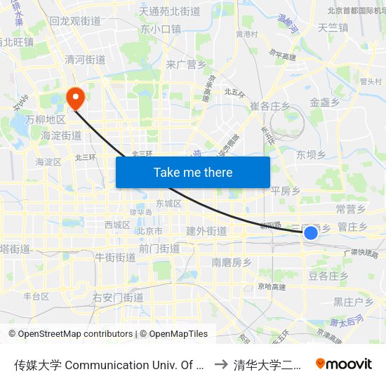 传媒大学 Communication Univ. Of China to 清华大学二校门 map