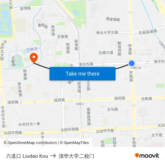 六道口 Liudao Kou to 清华大学二校门 map