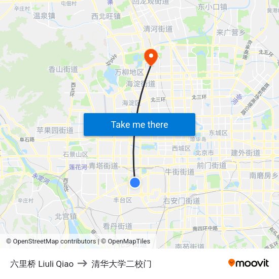 六里桥 Liuli Qiao to 清华大学二校门 map