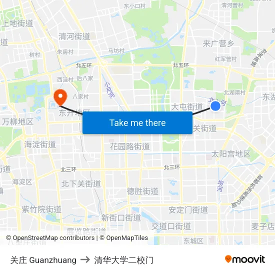 关庄 Guanzhuang to 清华大学二校门 map