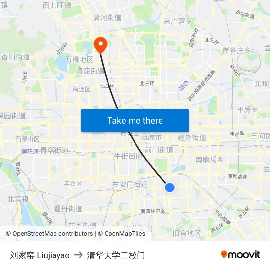 刘家窑 Liujiayao to 清华大学二校门 map