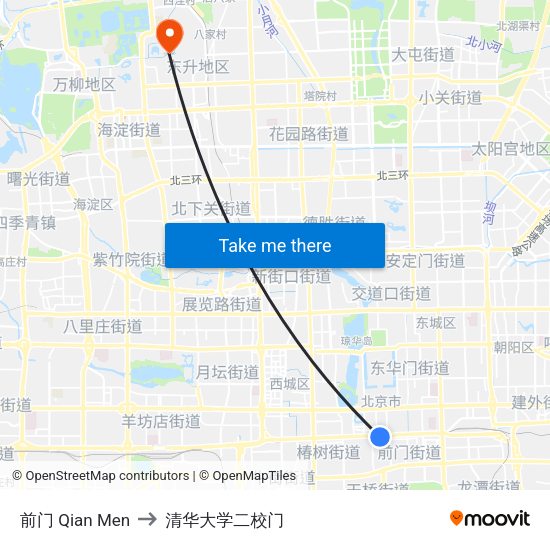 前门 Qian Men to 清华大学二校门 map