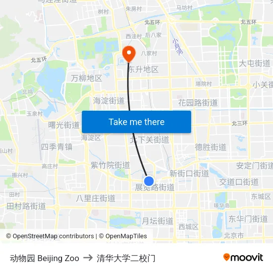 动物园 Beijing Zoo to 清华大学二校门 map