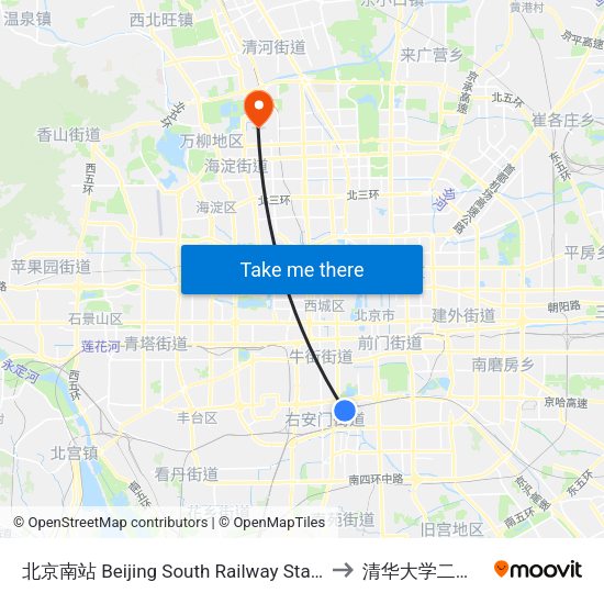 北京南站 Beijing South Railway Station to 清华大学二校门 map
