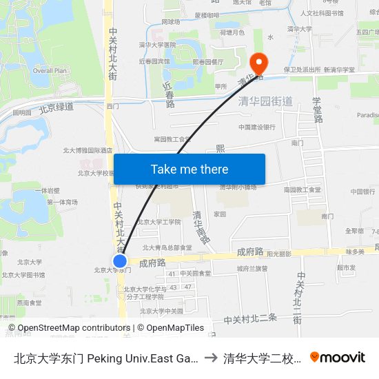 北京大学东门 Peking Univ.East Gate to 清华大学二校门 map