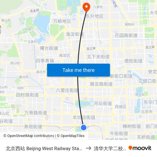 北京西站 Beijing West Railway Station to 清华大学二校门 map