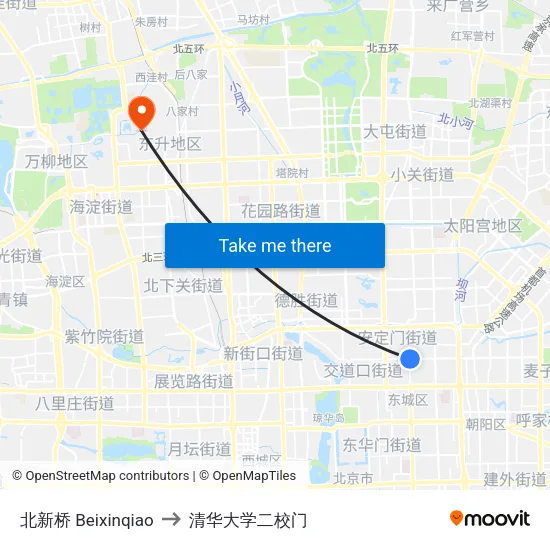 北新桥 Beixinqiao to 清华大学二校门 map