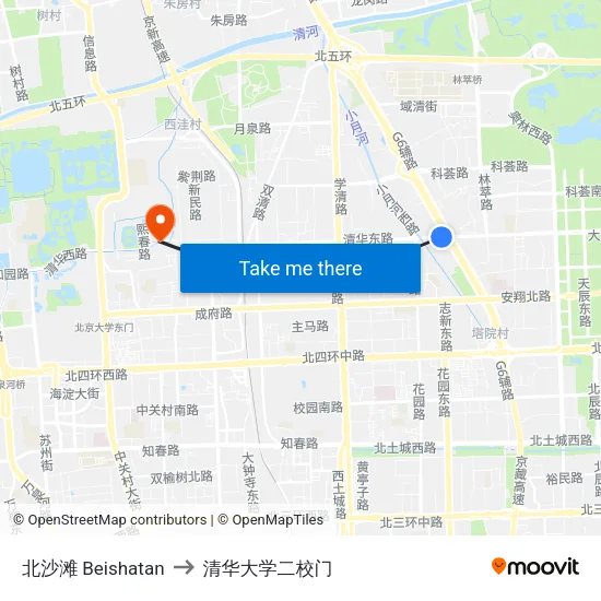 北沙滩 Beishatan to 清华大学二校门 map