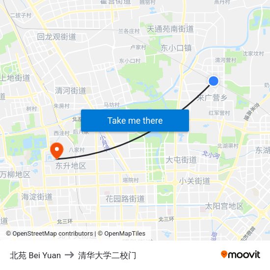 北苑 Bei Yuan to 清华大学二校门 map