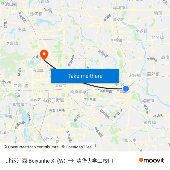 北运河西 Beiyunhe XI (W) to 清华大学二校门 map
