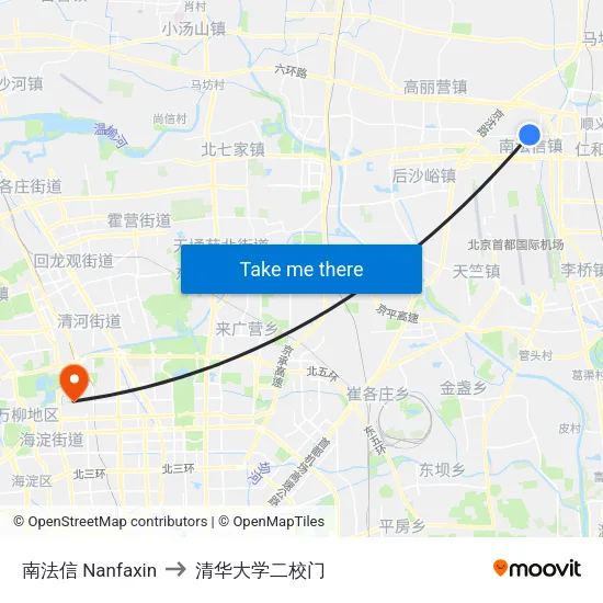 南法信 Nanfaxin to 清华大学二校门 map