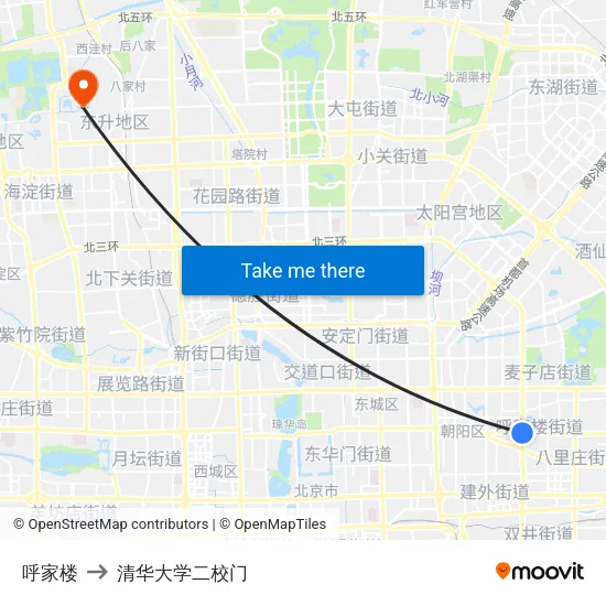 呼家楼 to 清华大学二校门 map