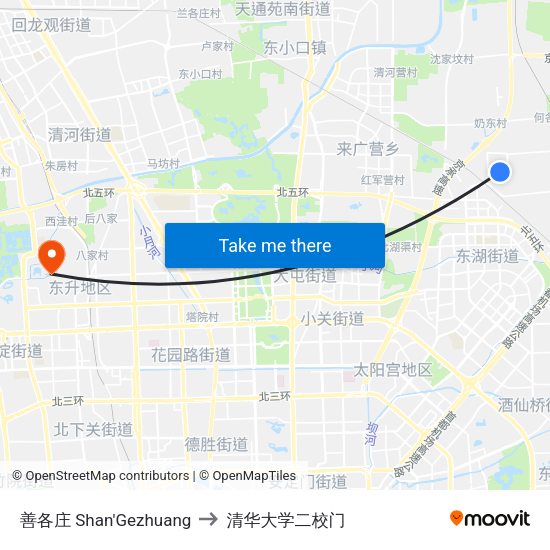 善各庄 Shan'Gezhuang to 清华大学二校门 map