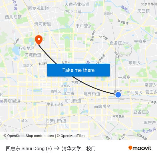四惠东 Sihui Dong (E) to 清华大学二校门 map
